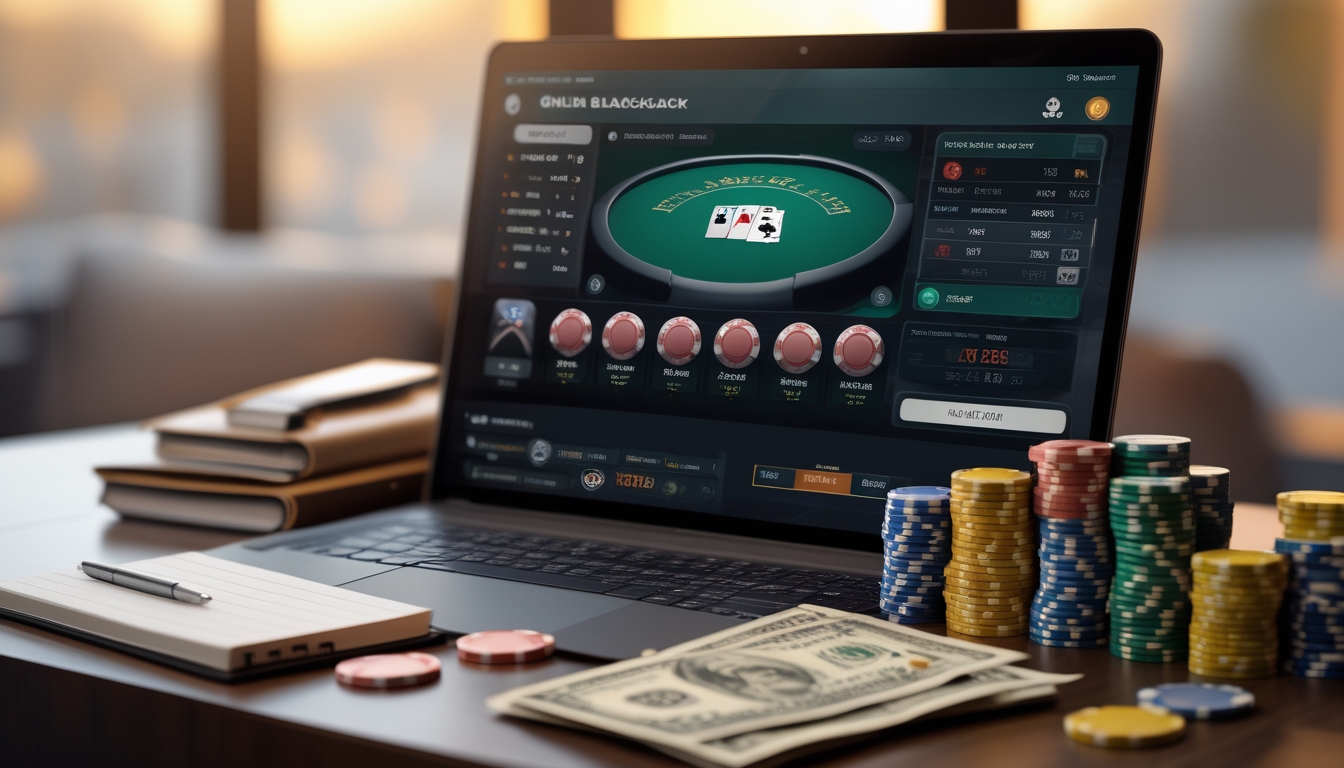 Seorang pemain blackjack online dengan laptop yang menampilkan permainan blackjack, tumpukan chip poker, uang tunai, dan buku catatan di atas meja.