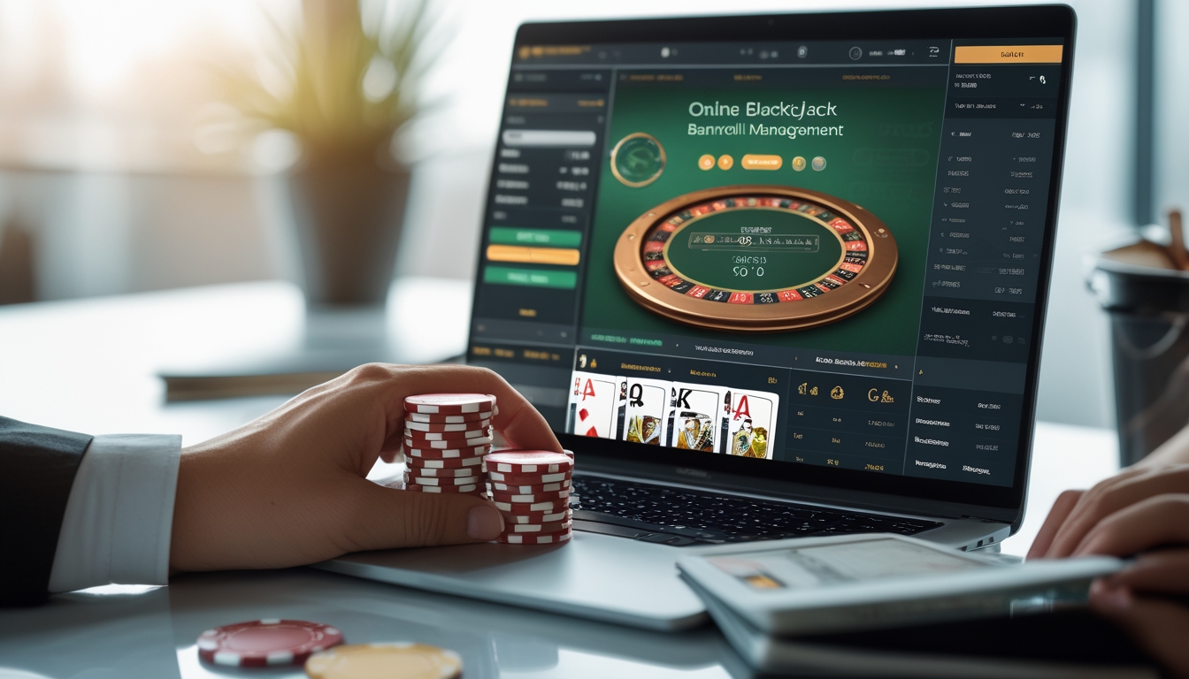 Meja kerja dengan laptop yang menampilkan permainan blackjack online, tumpukan chip poker, dan buku catatan perencanaan keuangan.