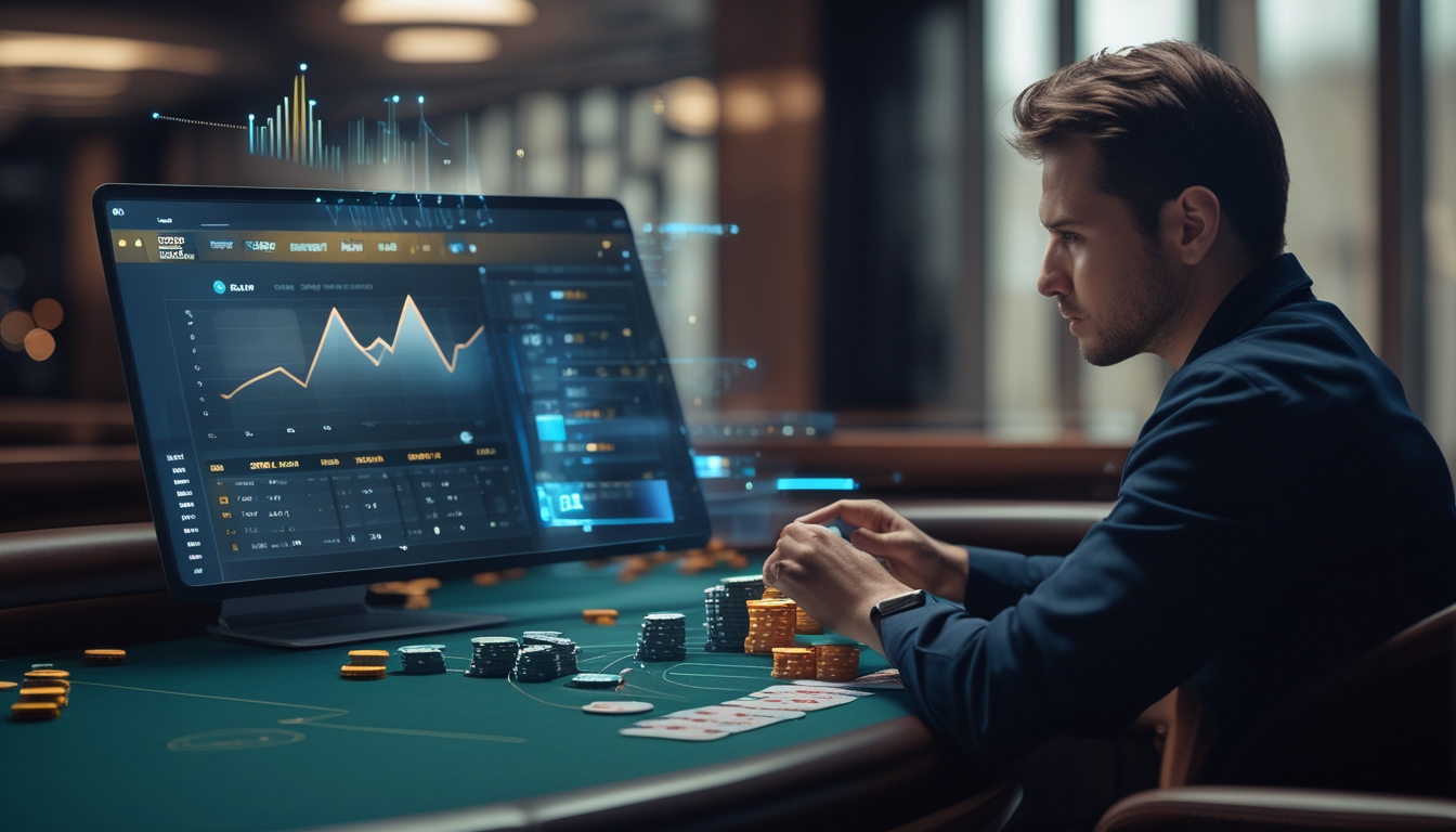 Seorang pemain blackjack profesional duduk di meja kasino dengan chip dan kartu, sambil melihat layar perangkat yang menampilkan grafik pengelolaan uang.