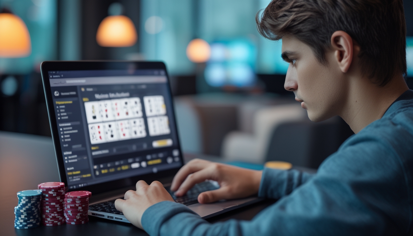 Seorang dewasa muda duduk di meja kasino dengan laptop, bermain blackjack online sambil fokus dan berhati-hati.