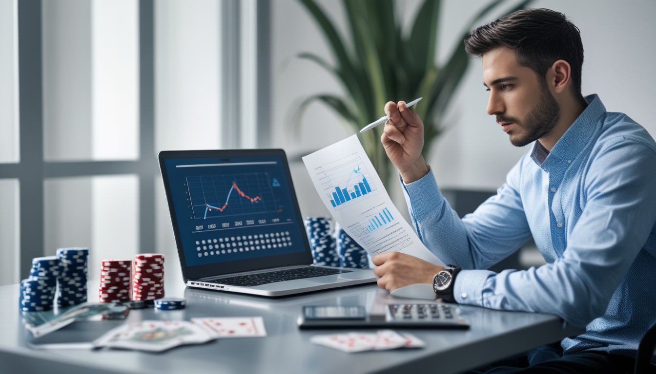 Seorang pria muda sedang duduk di meja modern sambil menganalisis grafik keuangan dan catatan terkait manajemen bankroll dengan chip poker dan kartu remi di sekitarnya.