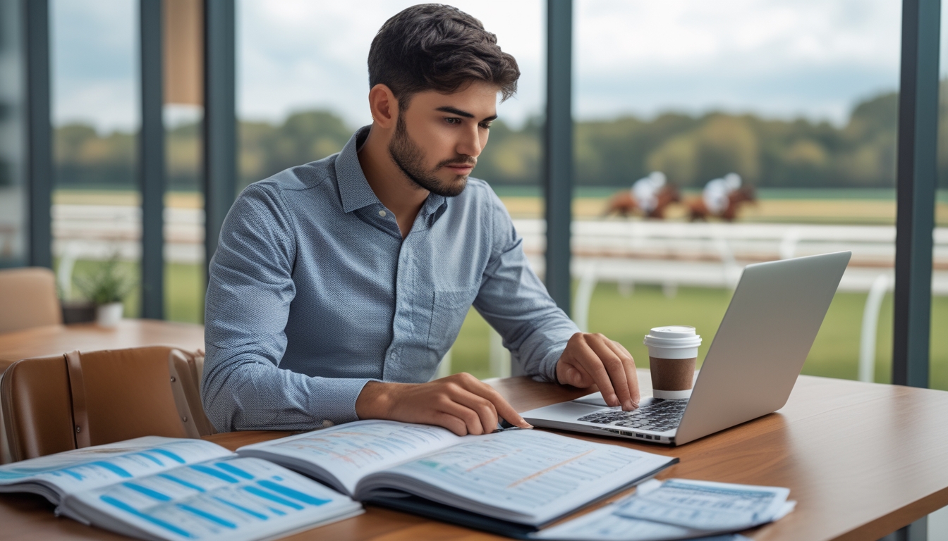 Seorang pria muda sedang fokus menganalisis data pacuan kuda di depan laptop dengan buku catatan dan kupon taruhan di meja, latar belakang menunjukkan pacuan kuda dari jendela.