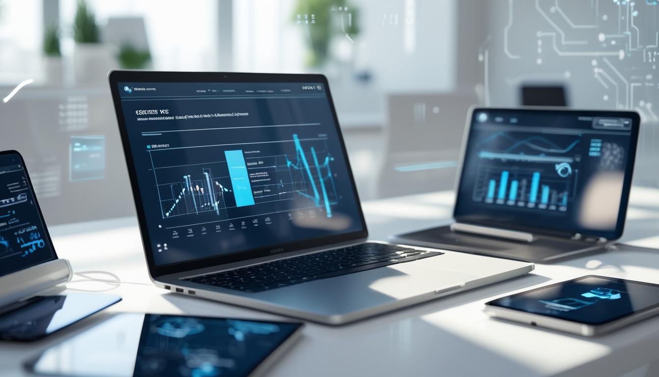 Meja kerja modern dengan laptop, smartphone, dan tablet yang menampilkan grafik dan data digital dalam suasana kantor yang terang dan rapi.