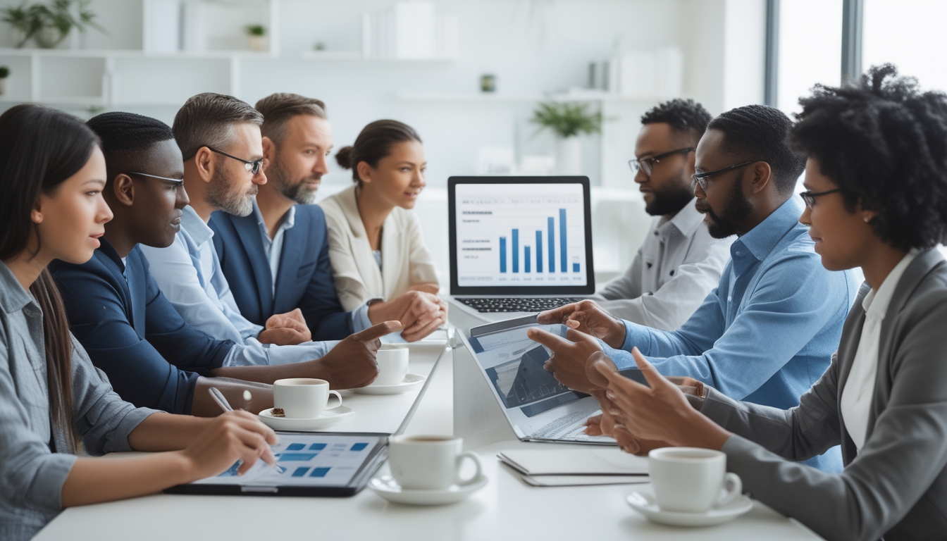 Sekelompok orang sedang berdiskusi dalam rapat di kantor modern dengan laptop dan catatan di meja.