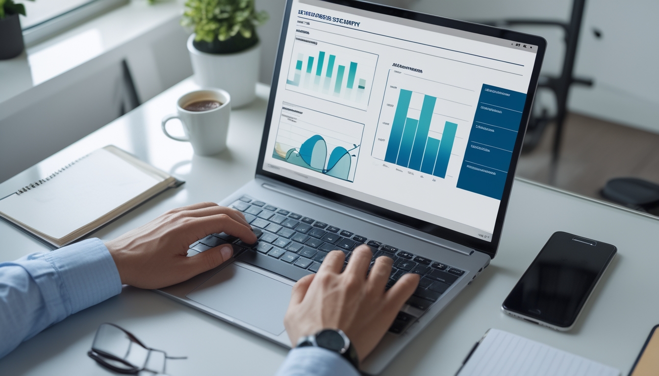Meja kerja modern dengan laptop menampilkan grafik, tangan mengetik di keyboard, ponsel, dan buku catatan di sampingnya.