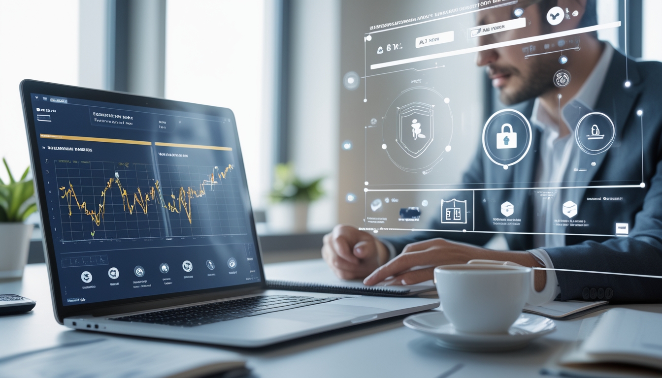 Seorang profesional sedang bekerja dengan laptop dan layar digital yang menampilkan data analisis fitur platform di sebuah meja kerja yang rapi.