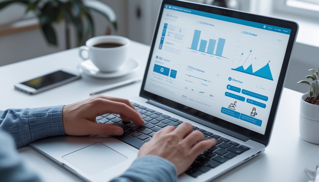 Seseorang menggunakan laptop dengan tampilan antarmuka platform digital yang rapi dan navigasi yang jelas di sebuah meja kerja minimalis.