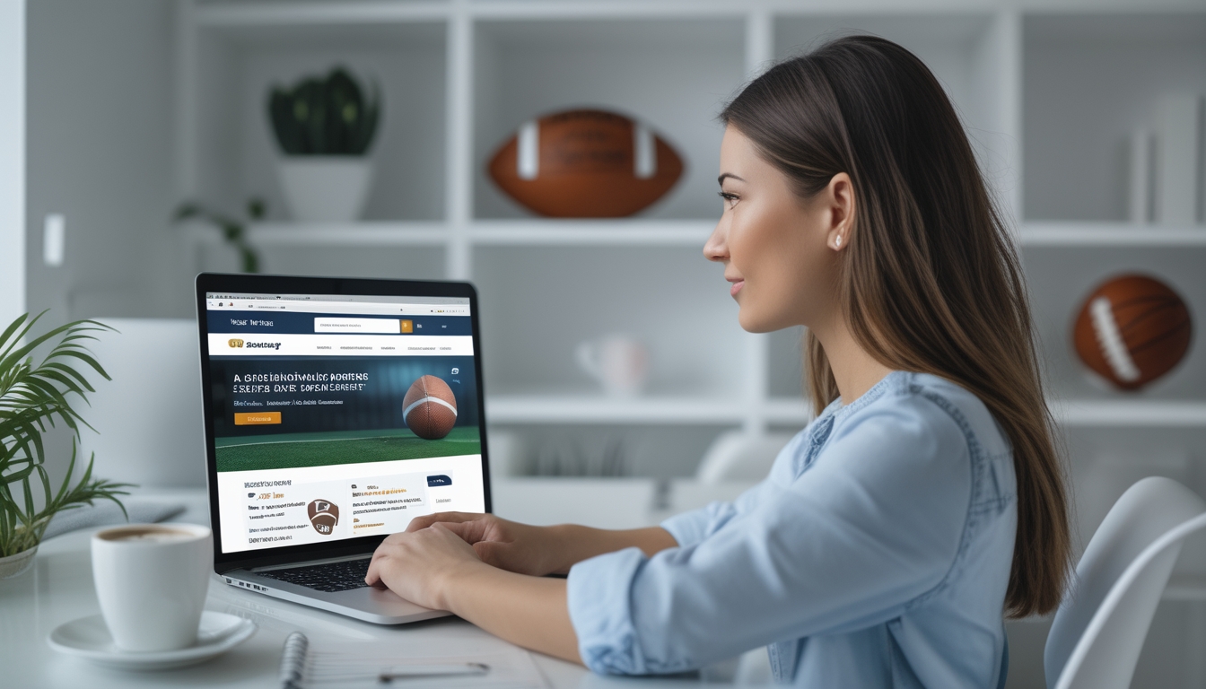 Seorang wanita muda duduk di meja dengan laptop, sedang melihat situs judi olahraga online dengan fokus di ruang kerja yang terang dan rapi.