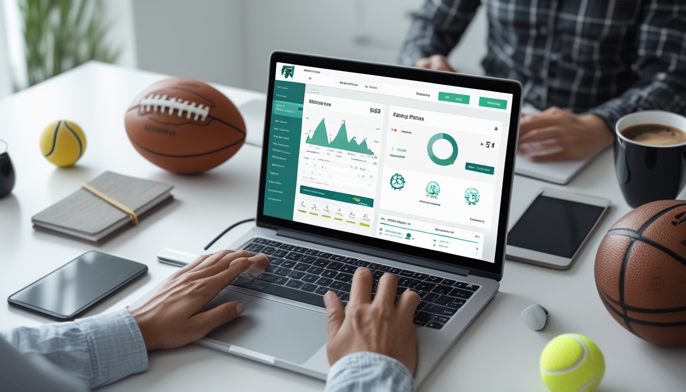 Seseorang menggunakan laptop di meja kerja dengan bola olahraga di sekitarnya, menunjukkan aktivitas memilih situs judi olahraga online terpercaya.