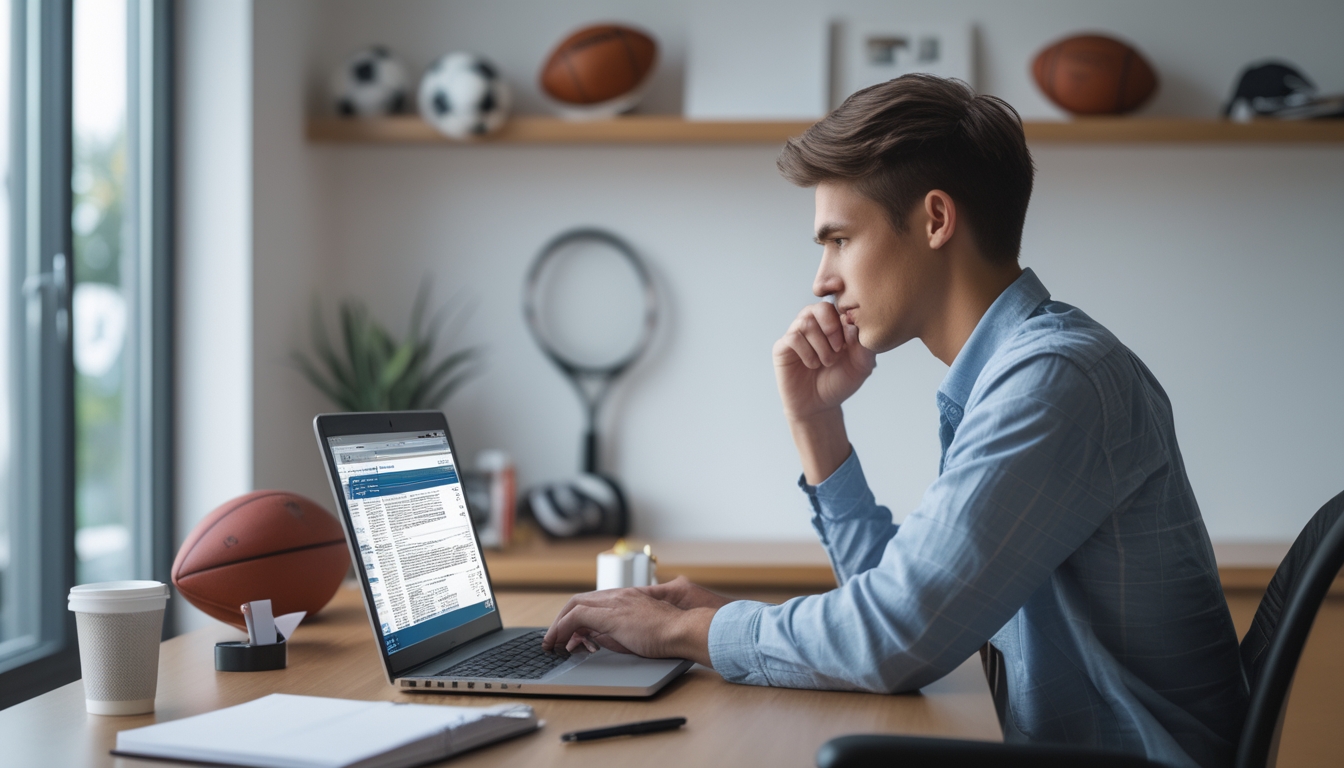 Seorang dewasa muda duduk di meja dengan laptop, memeriksa situs judi olahraga online terpercaya, dikelilingi perlengkapan olahraga seperti bola sepak dan raket tenis.