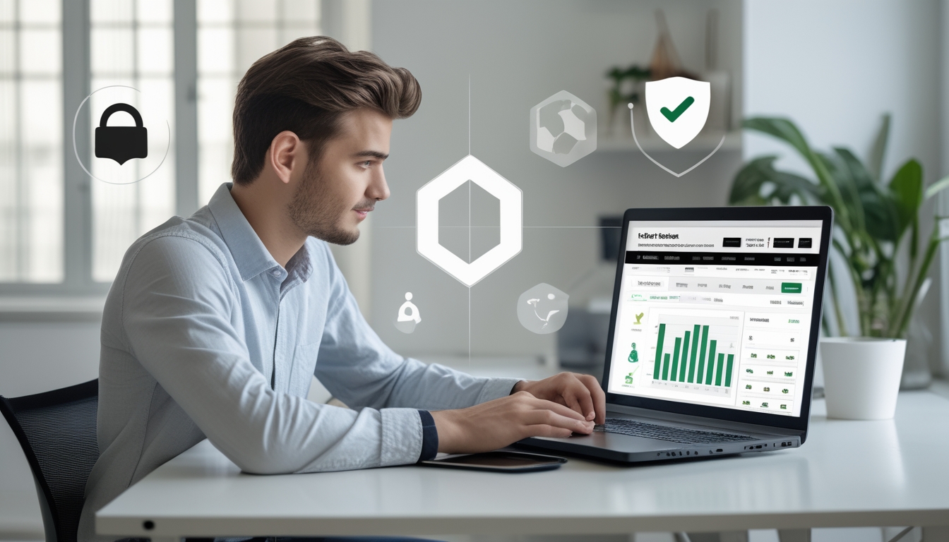 Seorang pria muda duduk di meja dengan laptop, melihat situs judi olahraga online yang aman dan terpercaya.