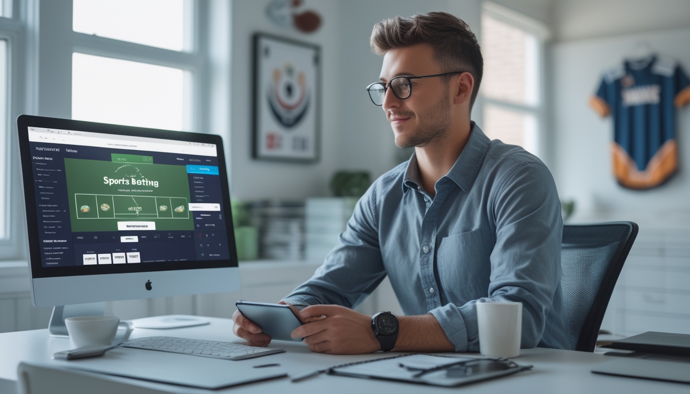 Seorang pria muda duduk di meja kerja dengan komputer yang menampilkan situs judi olahraga online, di ruang kerja yang terang dan rapi.