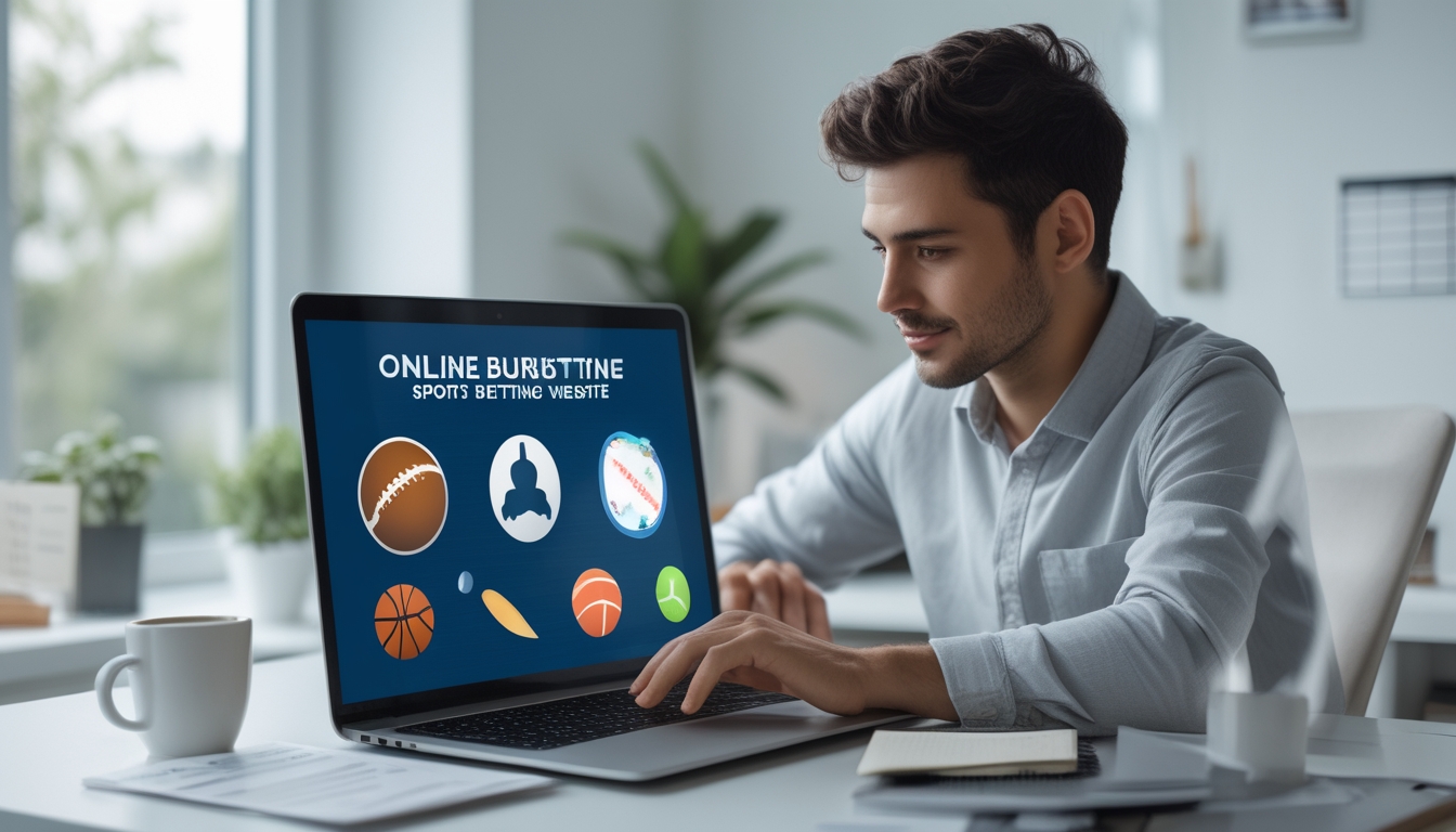 Seorang pemula memilih situs judi olahraga online terpercaya menggunakan laptop di ruang kerja yang terang dan rapi.