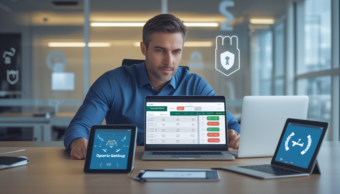 Seorang pria duduk di meja kantor modern dengan laptop dan perangkat digital menampilkan statistik olahraga dan simbol keamanan.