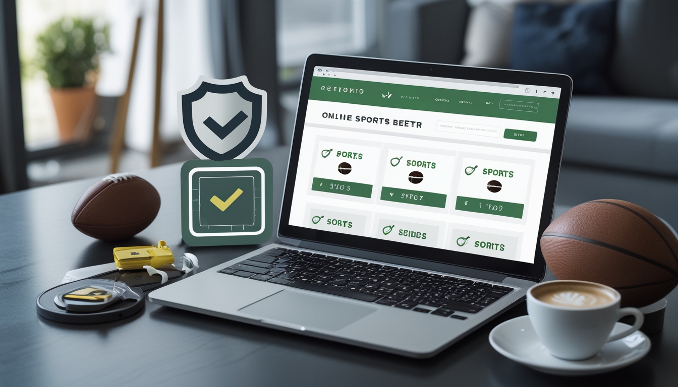 Meja kerja modern dengan laptop yang menampilkan situs judi olahraga online, dilengkapi dengan ikon keamanan dan perlengkapan olahraga di sekitarnya.