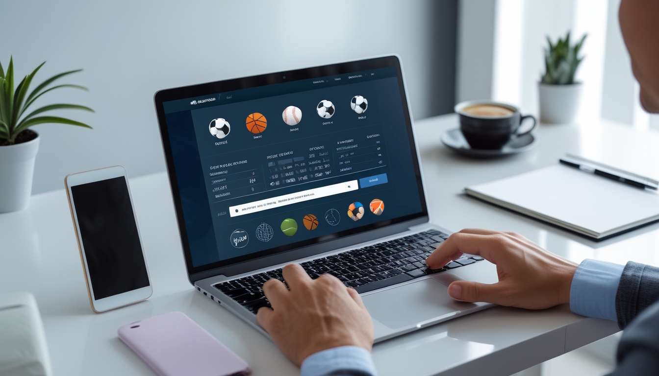 Seseorang menggunakan laptop di meja kerja dengan tampilan situs judi olahraga online, di sekitar terdapat smartphone, kopi, dan alat tulis.