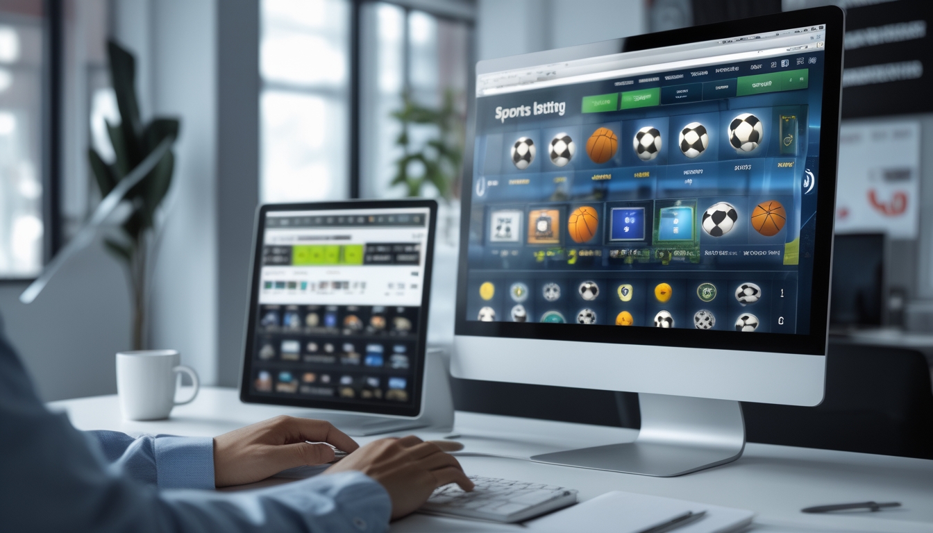 Sebuah meja kerja modern dengan komputer yang menampilkan situs judi olahraga online dan tangan seseorang sedang menggunakan mouse dan keyboard.