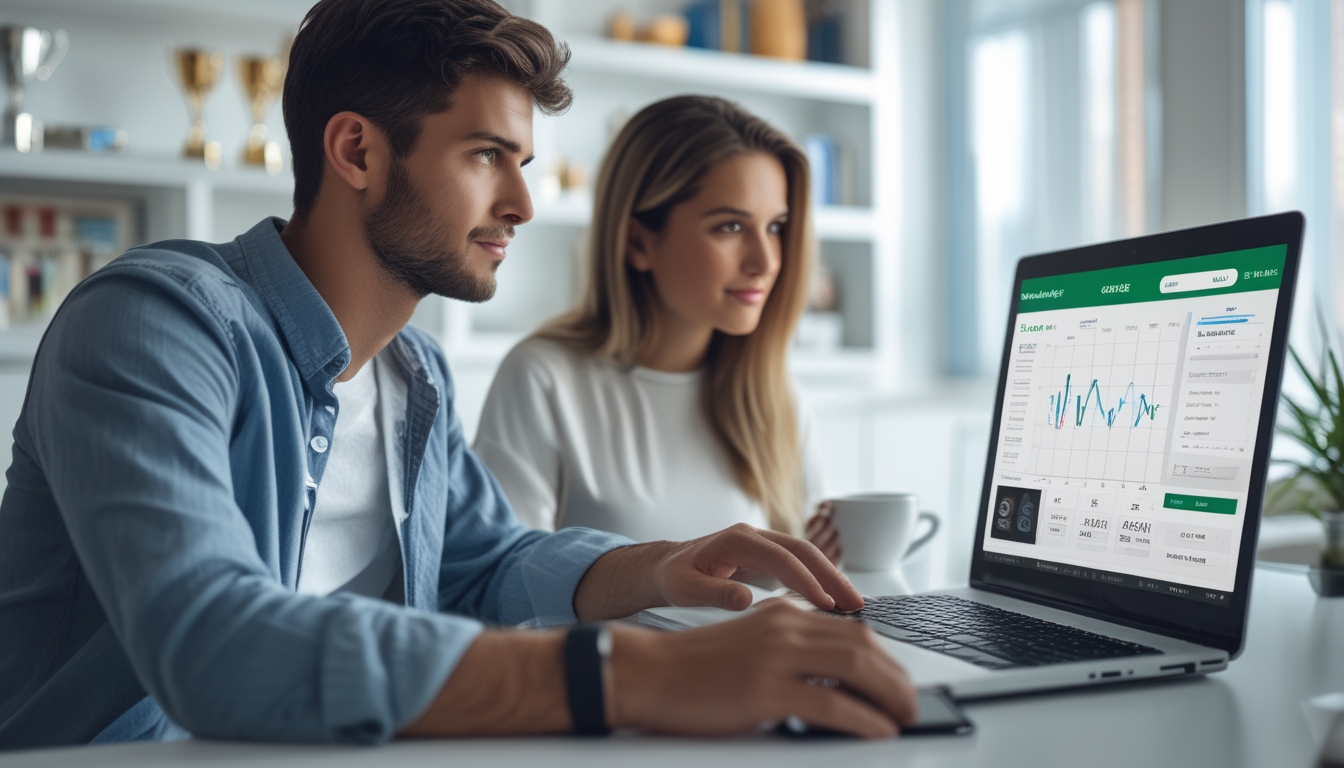 Dua orang muda sedang duduk di meja dengan laptop, fokus melihat layar yang menampilkan situs judi olahraga online, di ruangan kantor rumah yang terang dan rapi.
