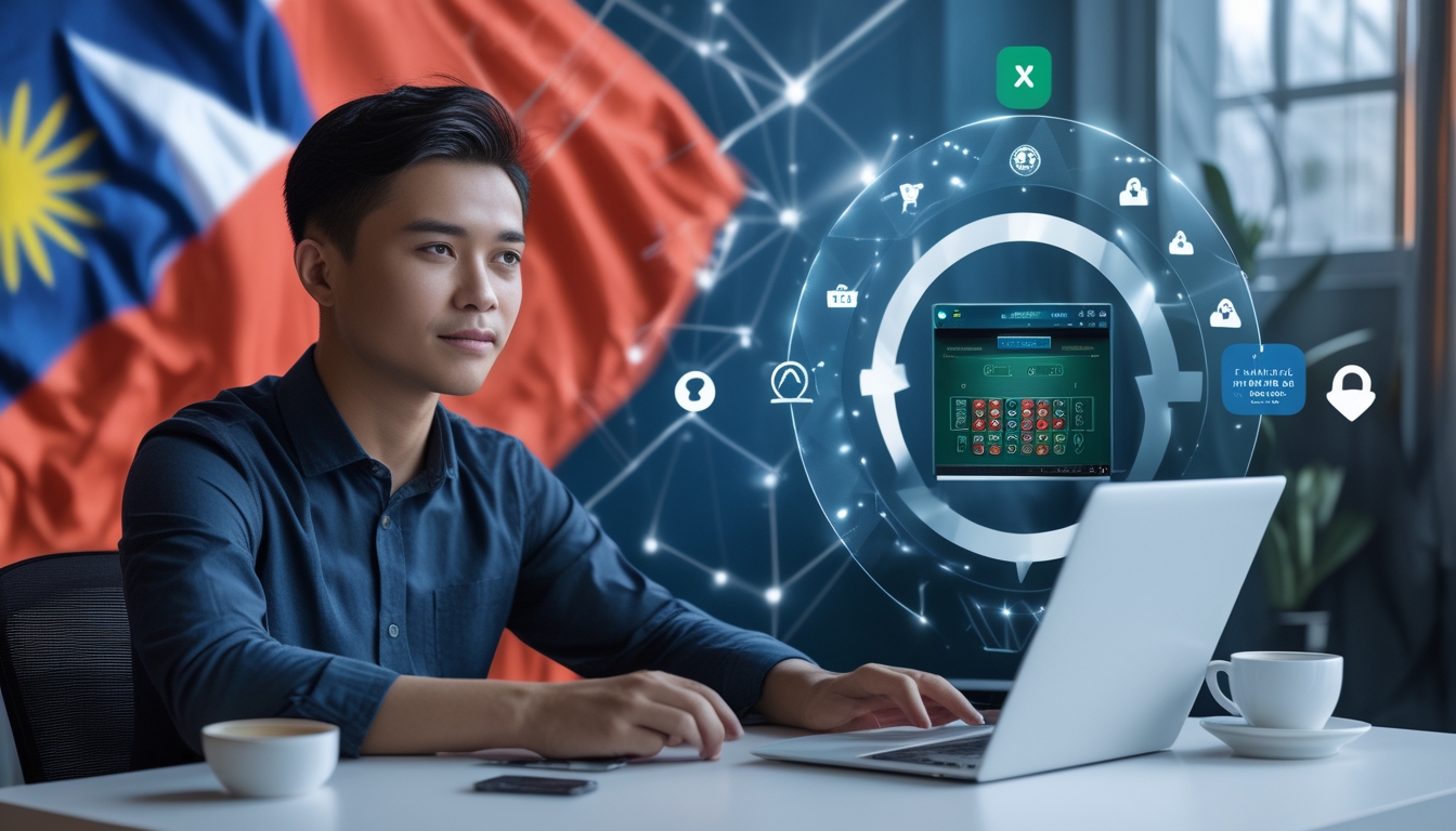 Seseorang muda Indonesia duduk di depan laptop dengan permainan baccarat online di layar, dikelilingi simbol keamanan dan kepercayaan.