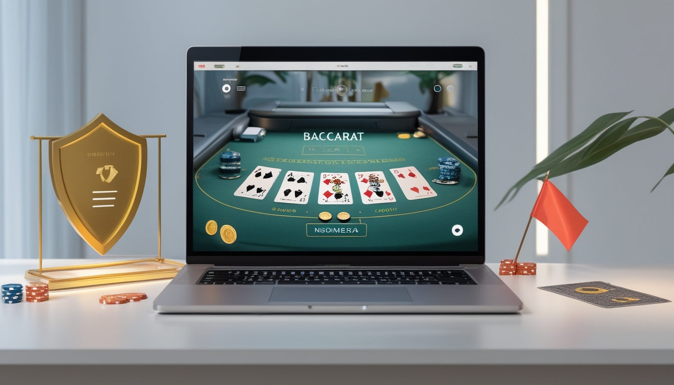 Seorang pengguna sedang bermain baccarat online di laptop dengan tampilan kartu dan chip, dikelilingi simbol kepercayaan dan bendera Indonesia.