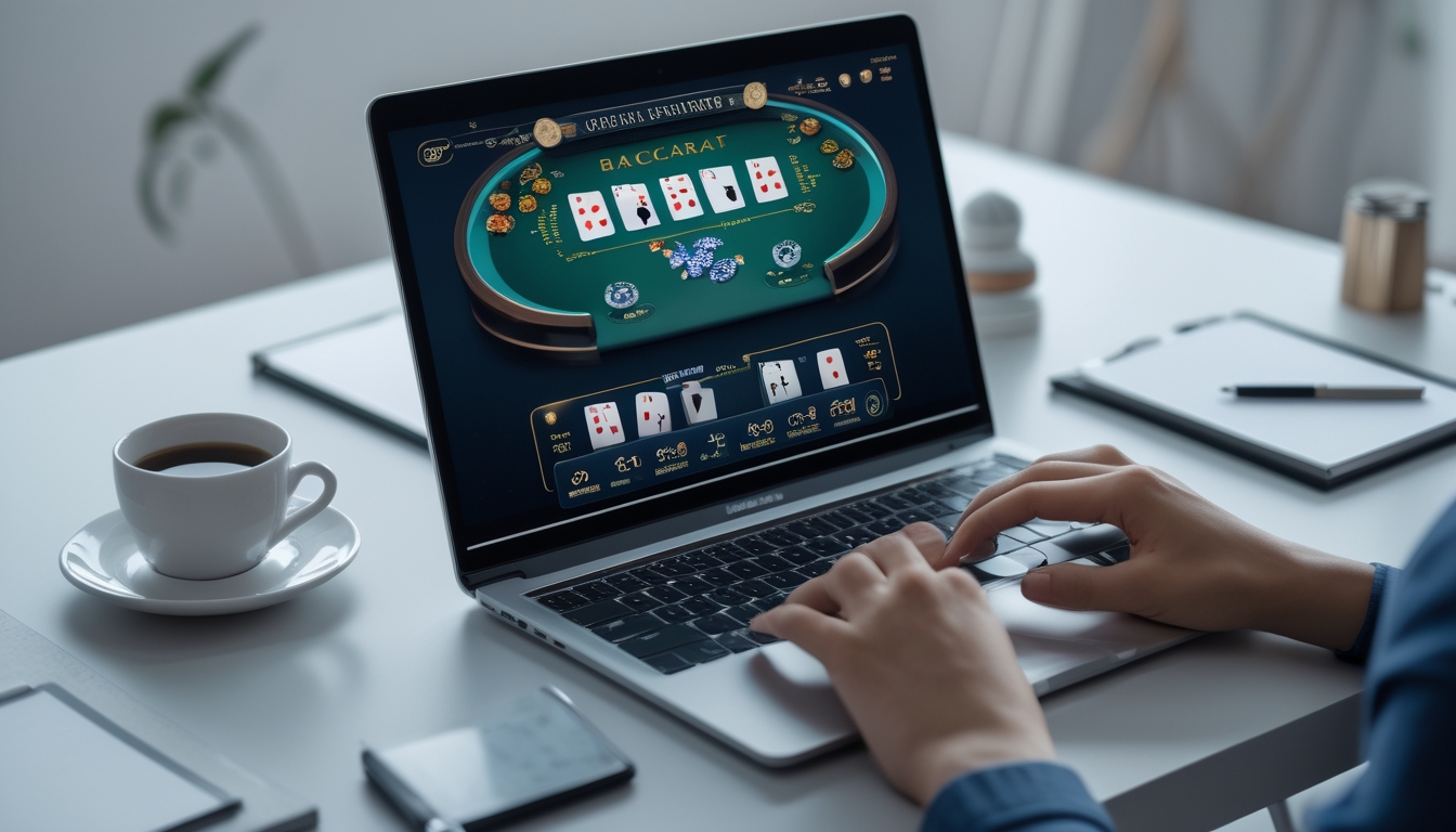 Seorang pengguna sedang menggunakan laptop dengan permainan baccarat online di layar, di meja kerja yang rapi dengan cangkir kopi dan alat tulis.