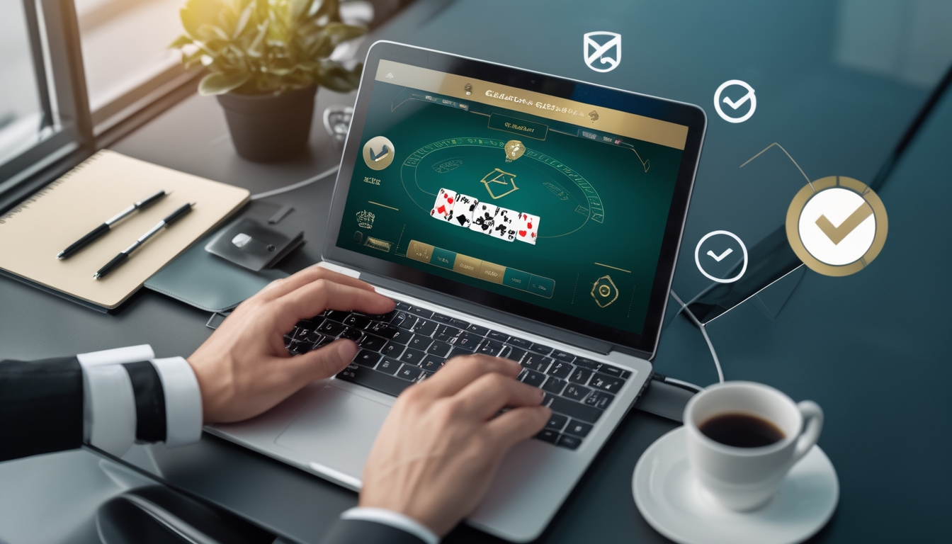 Seorang pengguna sedang bermain baccarat online di laptop dengan simbol keamanan di sekitar, menunjukkan suasana permainan judi online yang terpercaya.