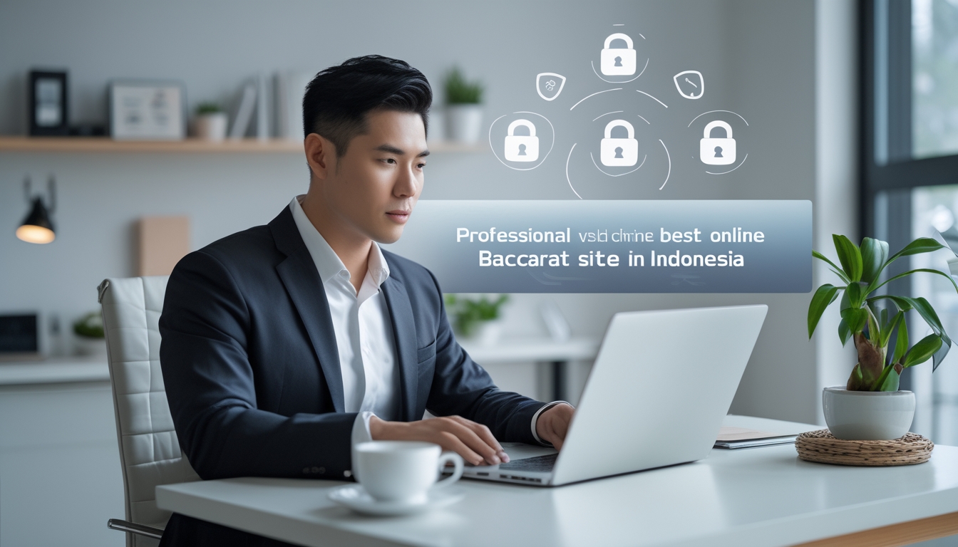 Seorang pria Asia Tenggara duduk di meja dengan laptop, terlihat fokus dan serius, di ruang kerja modern dengan dekorasi minimalis.