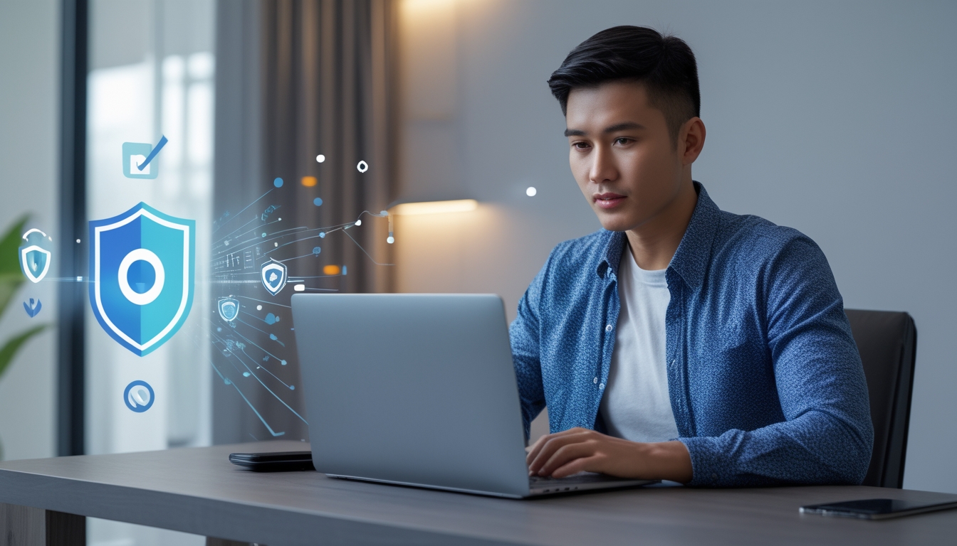 Seorang pria muda Indonesia duduk di meja dengan laptop di ruang kerja modern, dikelilingi oleh simbol keamanan digital yang menunjukkan lingkungan online yang aman dan terpercaya.