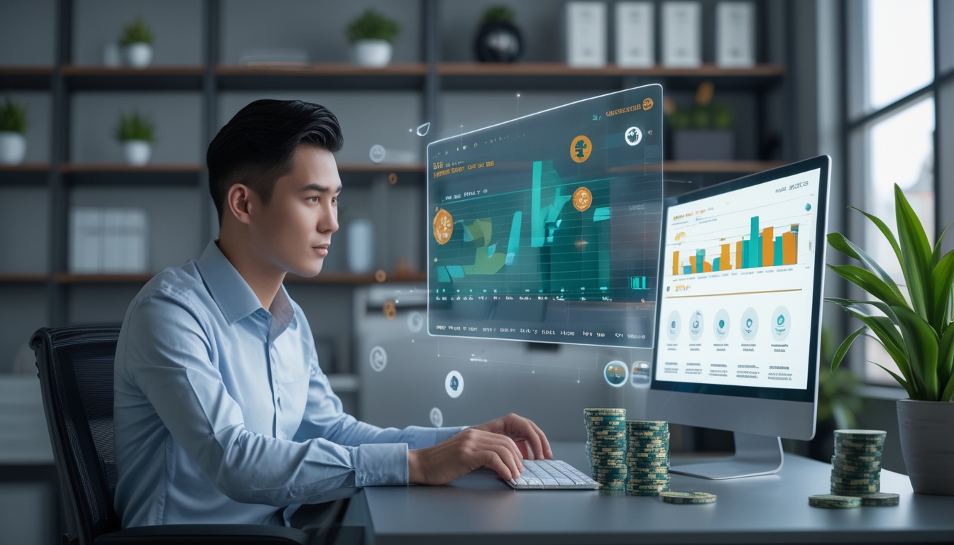 Seorang pria Asia Tenggara sedang duduk di meja kerja dengan laptop, menganalisis data terkait permainan baccarat online di lingkungan kantor yang terang dan rapi.