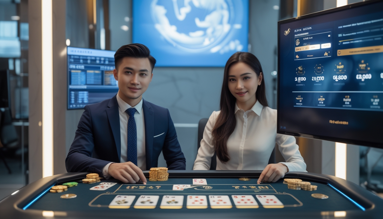 Dua orang Asia sedang bermain baccarat online di meja digital dengan kartu dan chip virtual, di latar belakang terdapat elemen yang mewakili Indonesia dan layar yang menampilkan data permainan.
