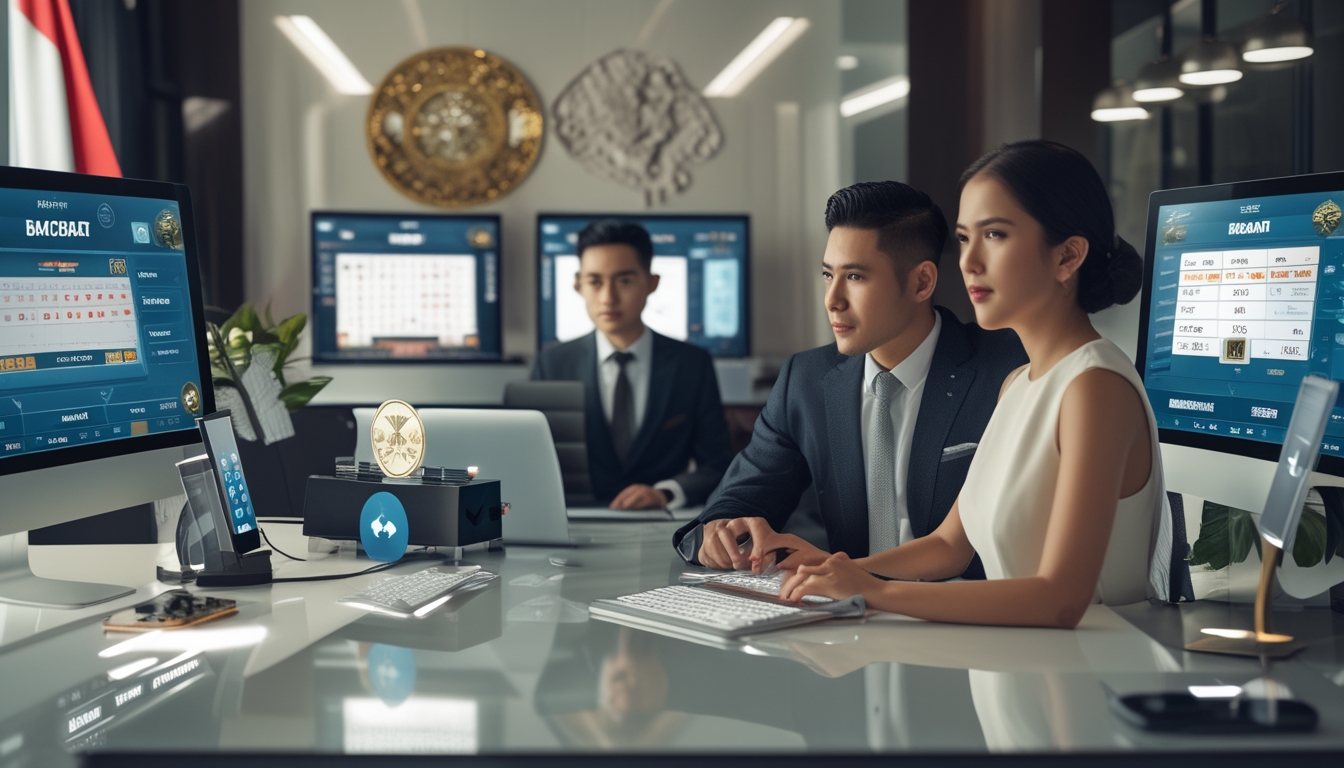 Orang-orang di kantor modern sedang menggunakan komputer untuk bermain baccarat online dengan suasana yang profesional dan aman.