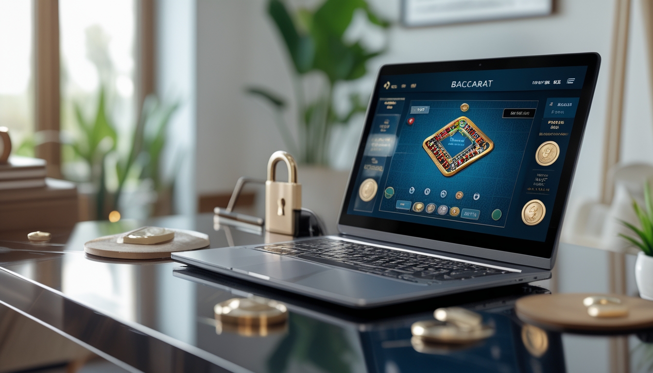 Seorang pengguna sedang bermain baccarat online di komputer dengan suasana ruangan yang nyaman dan elemen simbol keamanan di sekitar.