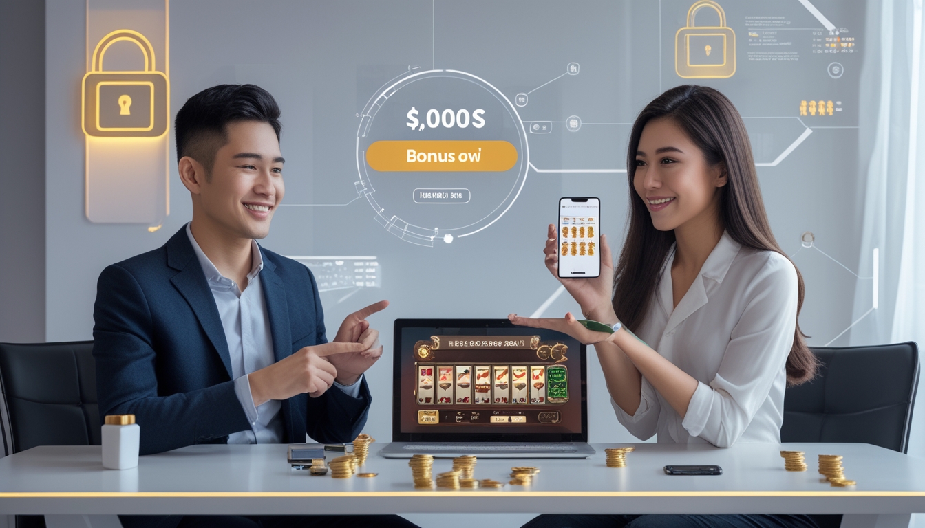 Seorang pria dan wanita muda Indonesia duduk bersama di depan laptop yang menampilkan permainan baccarat online, sedang berdiskusi dengan latar belakang elemen teknologi dan keamanan digital.