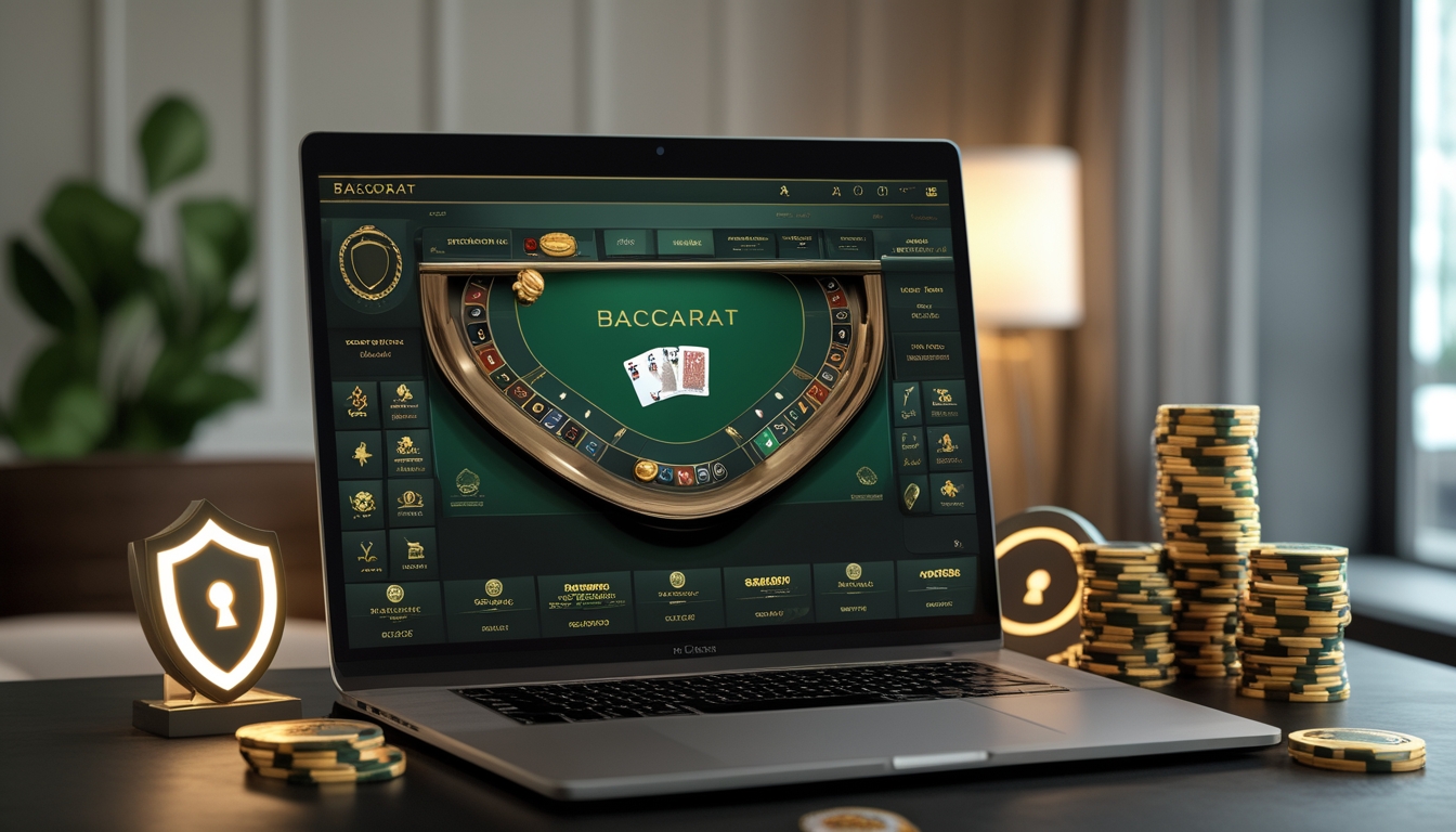 Seseorang menggunakan komputer dengan tampilan permainan baccarat online dan tumpukan chip kasino di meja.