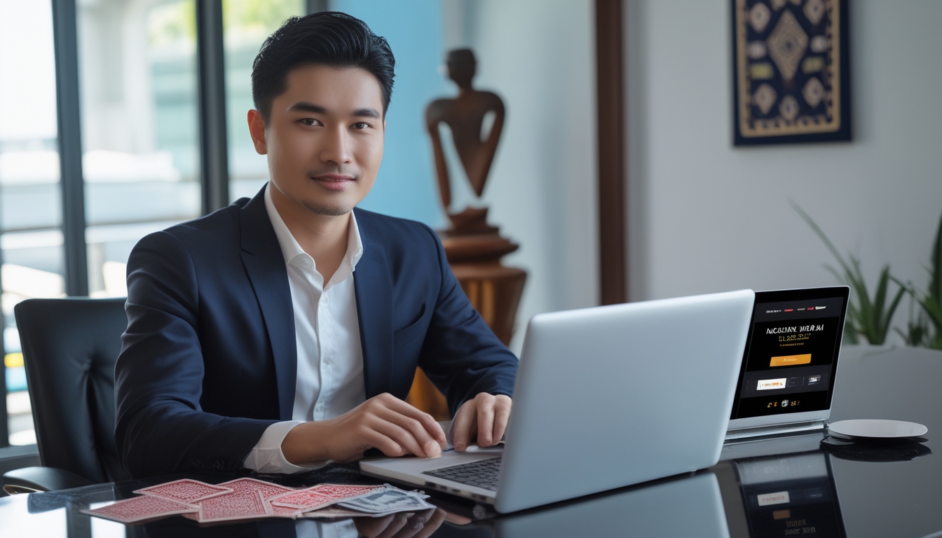 Seorang pria Asia Tenggara duduk di meja dengan laptop, kartu remi, dan chip kasino, di ruang kerja dengan dekorasi batik dan patung kayu kecil.