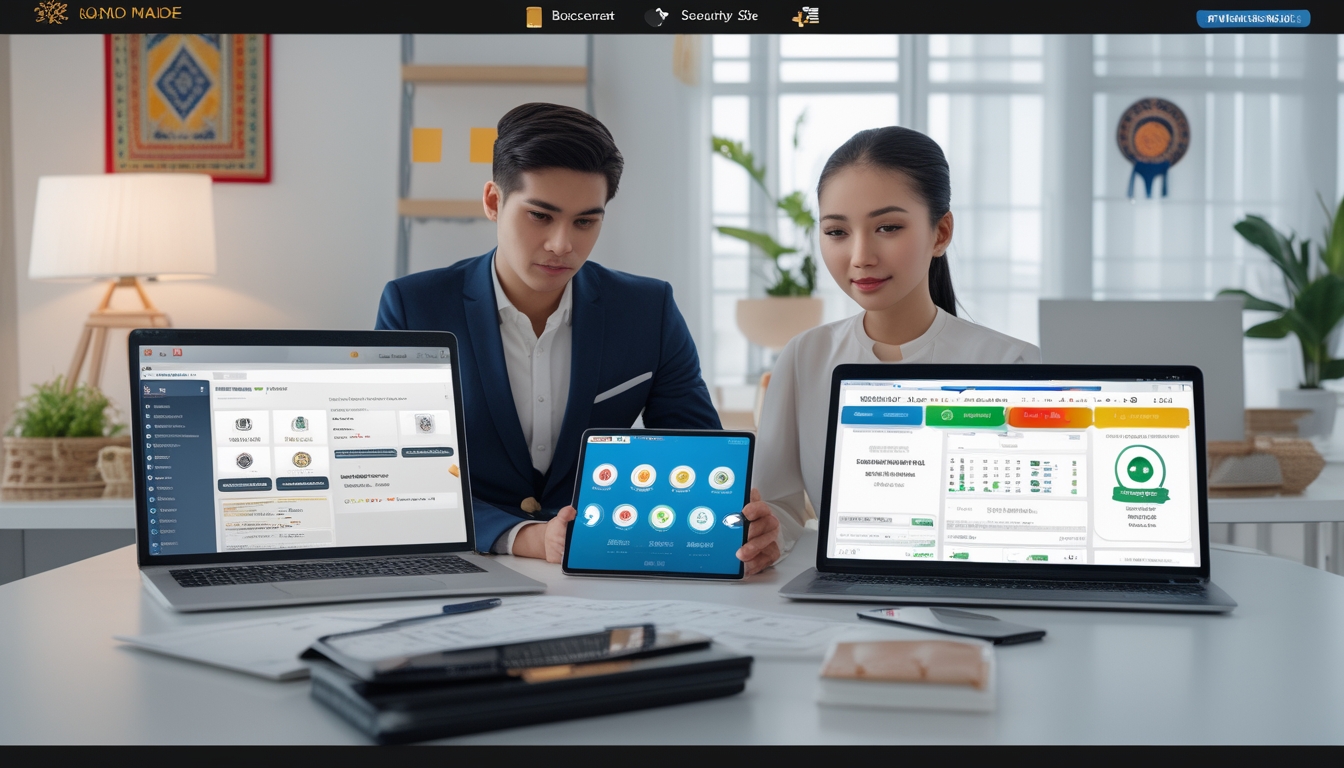 Dua orang muda sedang duduk di meja dengan perangkat digital yang menampilkan permainan baccarat dan simbol keamanan, terlihat fokus berdiskusi dalam ruangan kantor modern dengan elemen budaya Indonesia.