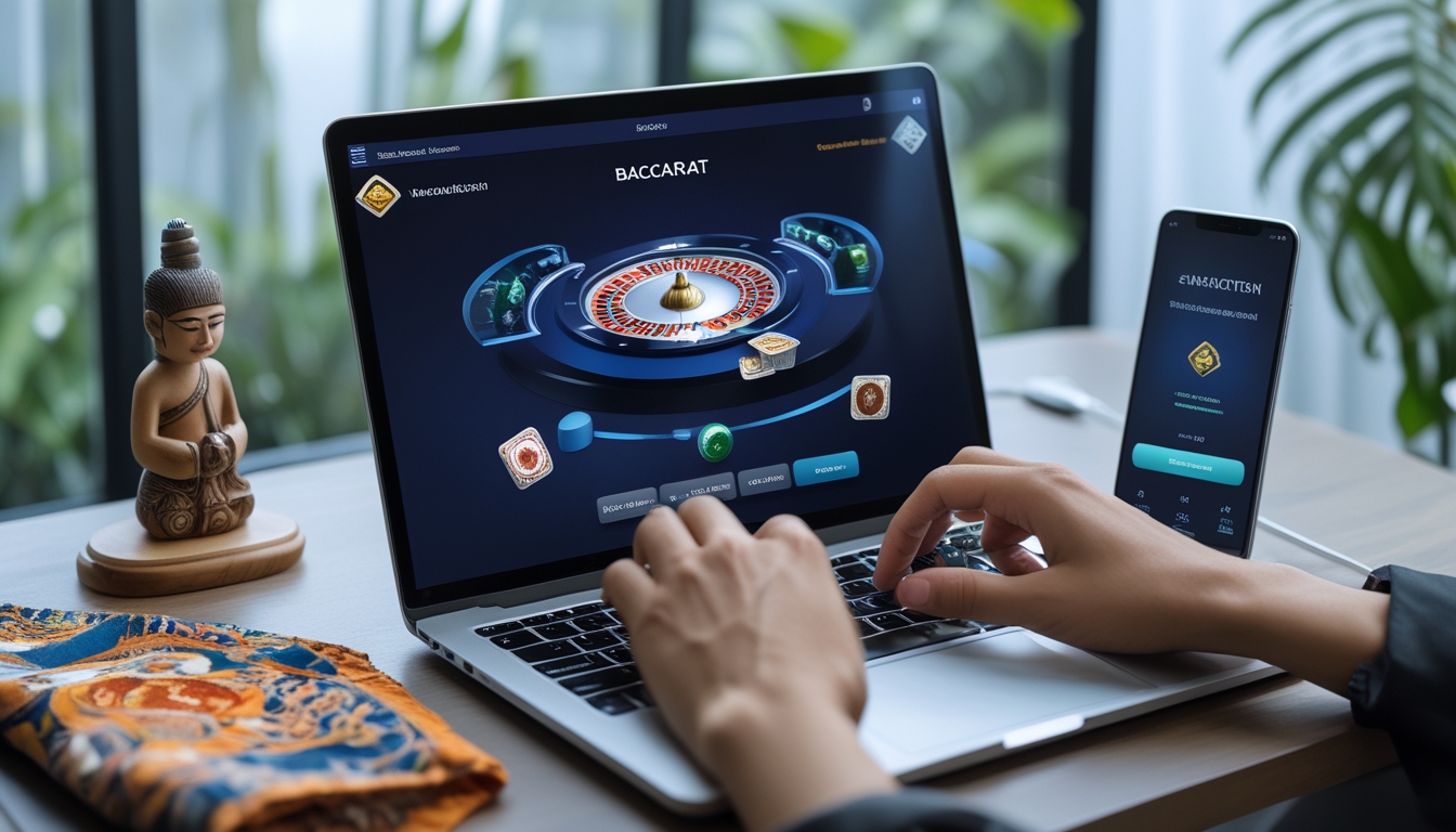 Seseorang menggunakan laptop dan ponsel di meja kerja dengan elemen budaya Indonesia di latar belakang.