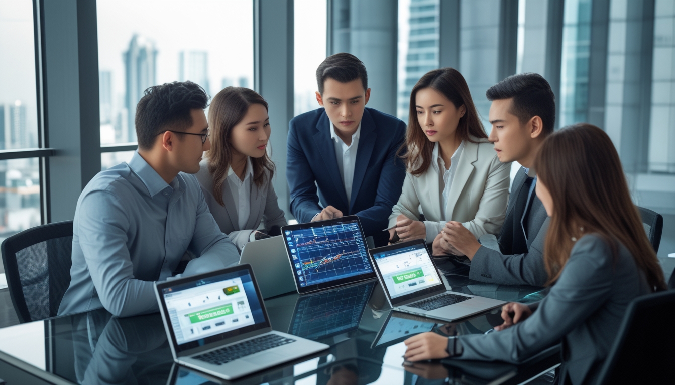 Sekelompok profesional muda sedang berdiskusi di meja kantor dengan perangkat digital, menunjukkan suasana kerja yang fokus dan kolaboratif.