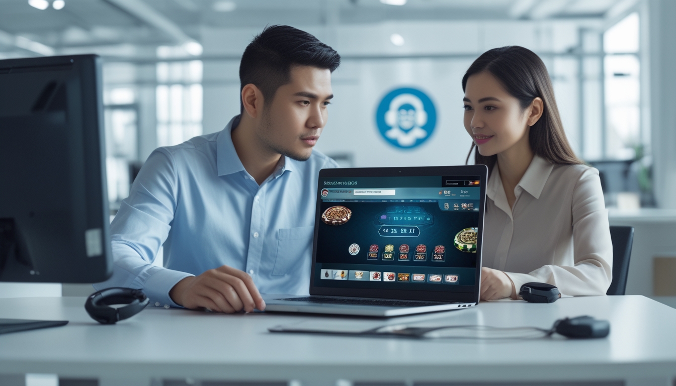 Seorang pria dan wanita sedang berdiskusi di depan laptop di kantor modern, dengan tampilan situs baccarat online di layar dan elemen layanan pelanggan di latar belakang.