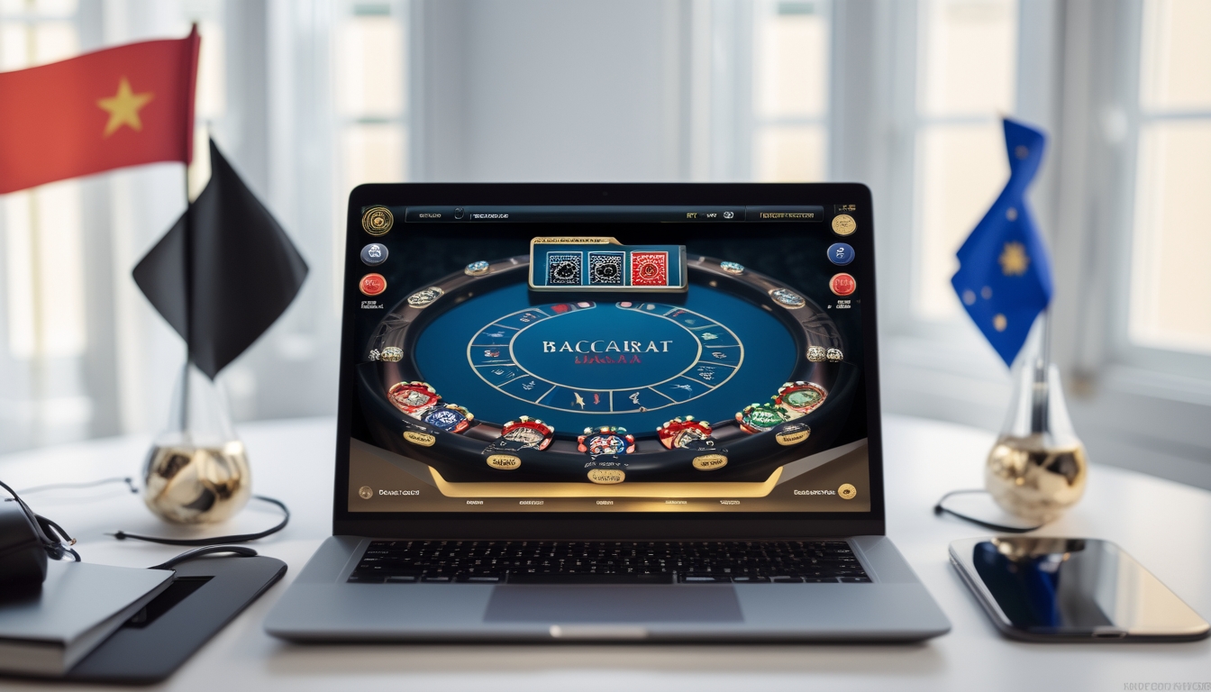 Seorang perwakilan layanan pelanggan dengan headset duduk di depan komputer yang menampilkan permainan baccarat online, dengan latar belakang yang menunjukkan suasana profesional dan terpercaya di Indonesia.