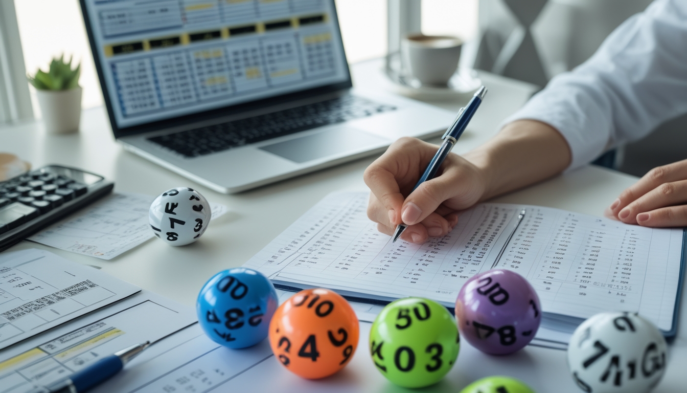 Meja kerja dengan laptop, buku catatan berisi angka, bola lotere berlabel 2D, 3D, dan 4D, serta alat tulis dan kalkulator di sekitarnya.