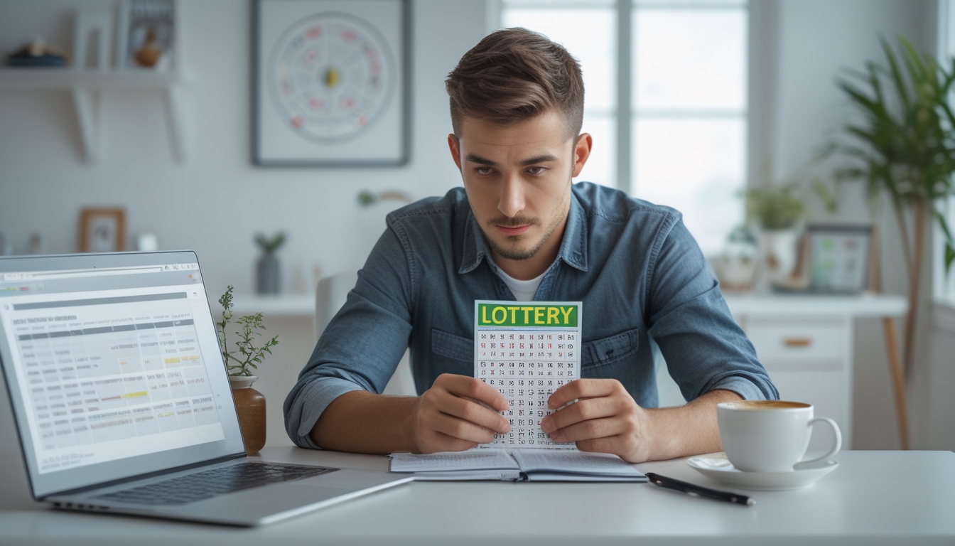 Seorang pria muda duduk di meja kerja dengan tiket togel dan buku catatan, memperhatikan layar laptop yang menampilkan grafik peluang.