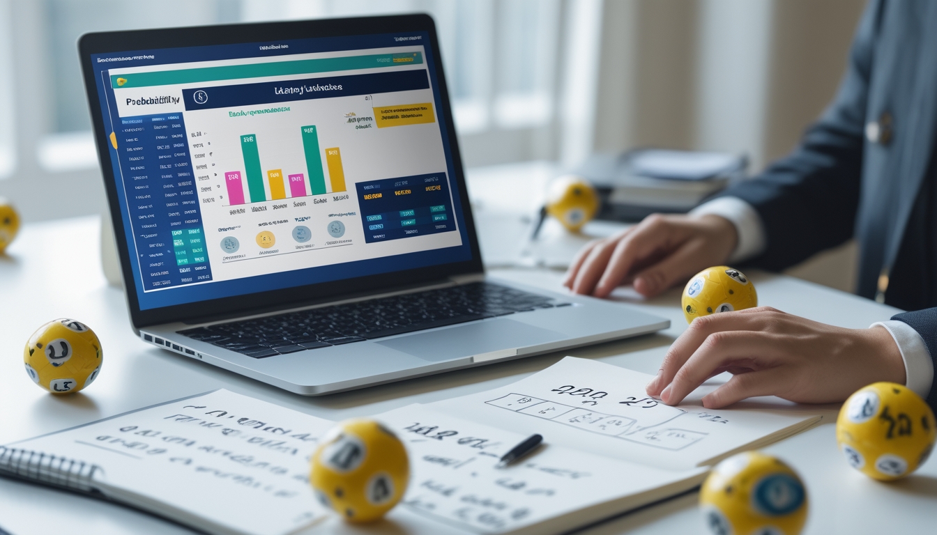 Seorang pria sedang menganalisis data peluang togel di laptop dengan bola togel, kalkulator, dan catatan di meja kerja.