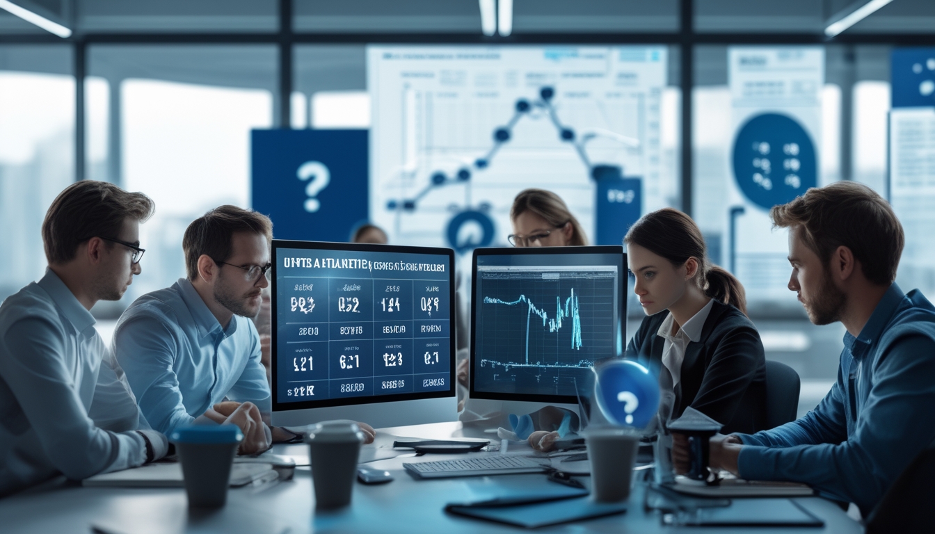 Sekelompok orang sedang menganalisis data dan grafik di depan komputer di ruang kantor modern.