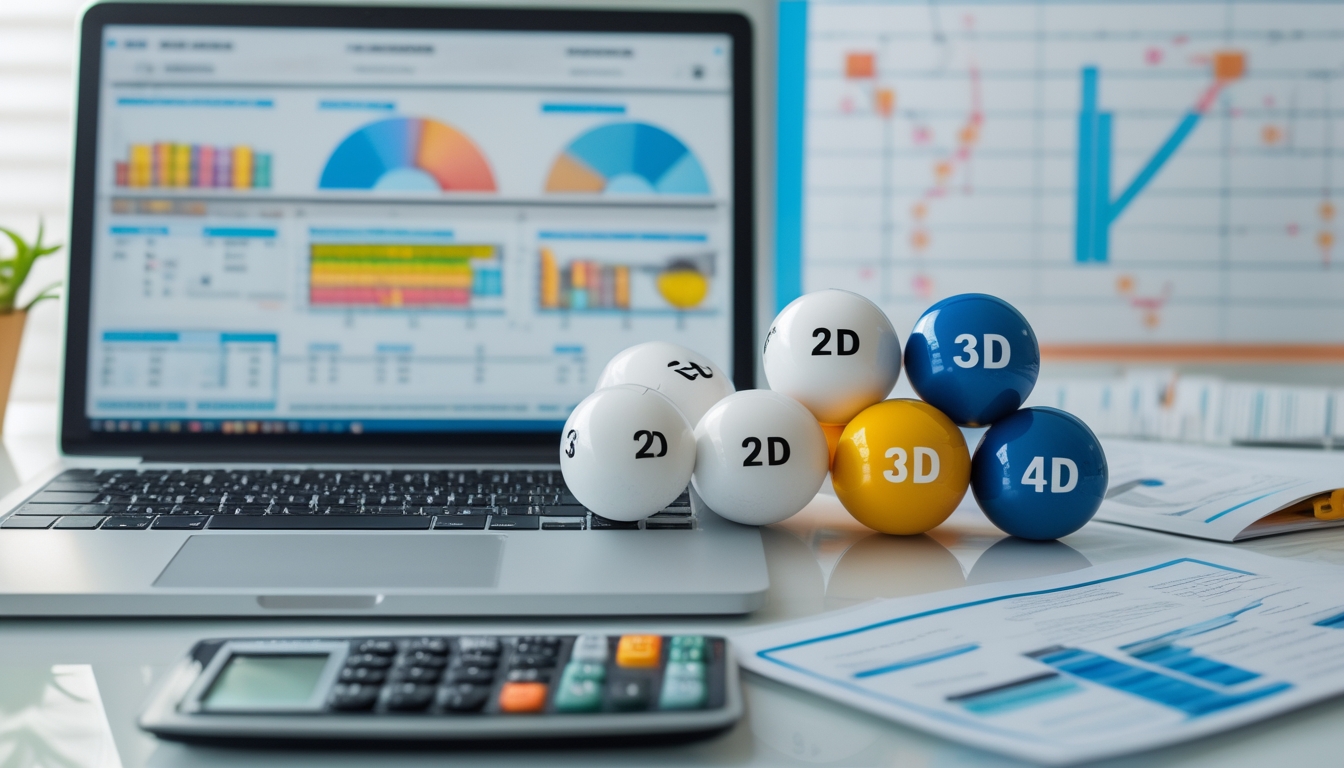 Meja kerja dengan laptop menampilkan grafik statistik, bola lotere berwarna dengan angka, kertas dan kalkulator, serta papan putih dengan rumus matematika di latar belakang.
