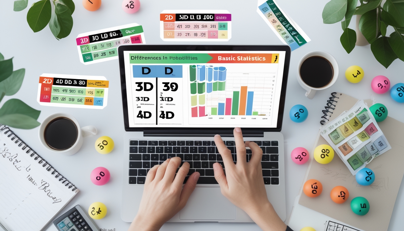 Meja kerja dengan laptop yang menampilkan grafik statistik, tiket togel dan bola bernomor 2D, 3D, dan 4D, serta tangan menunjuk layar laptop.
