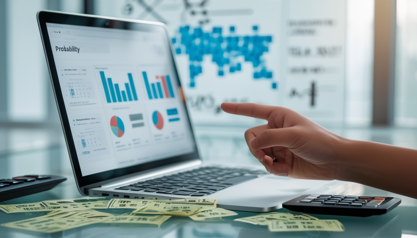 Meja kerja dengan tiket togel, kalkulator, laptop dengan grafik probabilitas, dan tangan menunjuk layar laptop.
