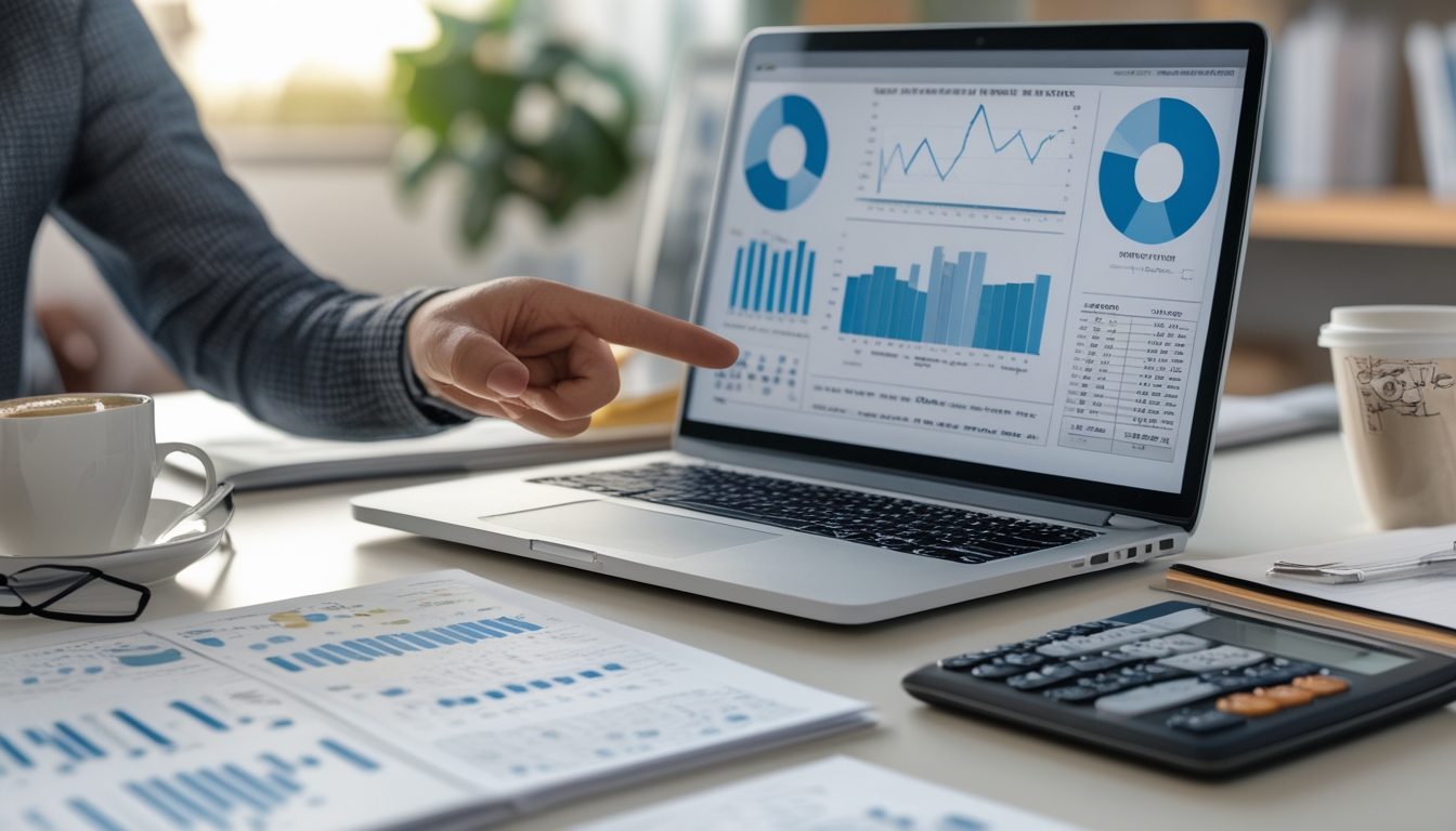 Meja kerja dengan laptop yang menampilkan grafik dan data angka, tangan seseorang menunjuk layar dan memegang pena, suasana belajar yang fokus.