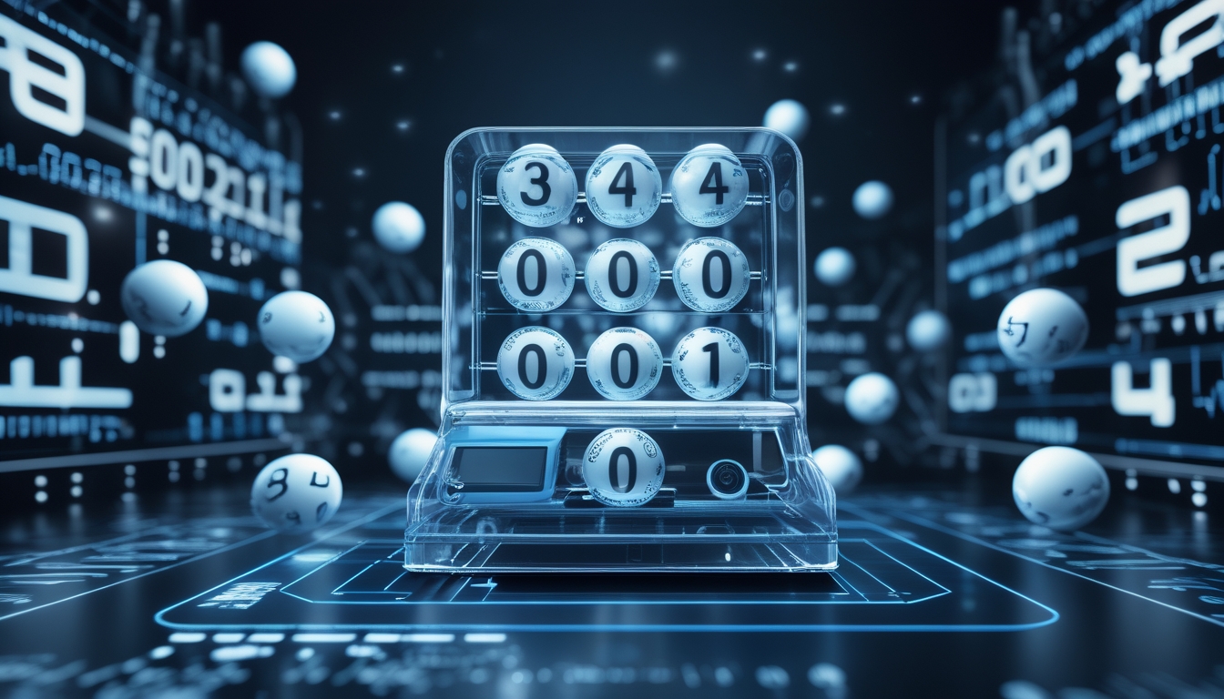 Mesin lotere holografik dengan bola bernomor berputar dan latar belakang digital yang menunjukkan konsep generator angka acak dalam permainan lotere modern.