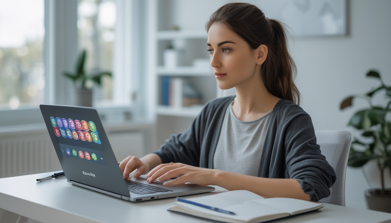 Seorang wanita muda duduk di meja kerja dengan laptop dan ponsel, terlihat fokus dan sedang memilih agen togel online.